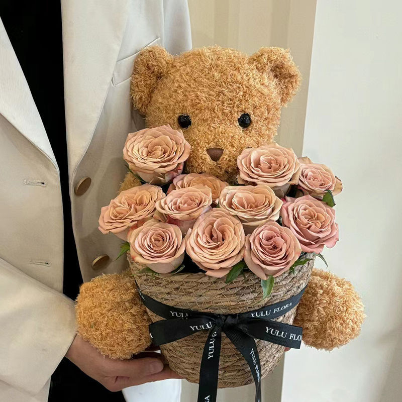Doll teddy bear flower basket
